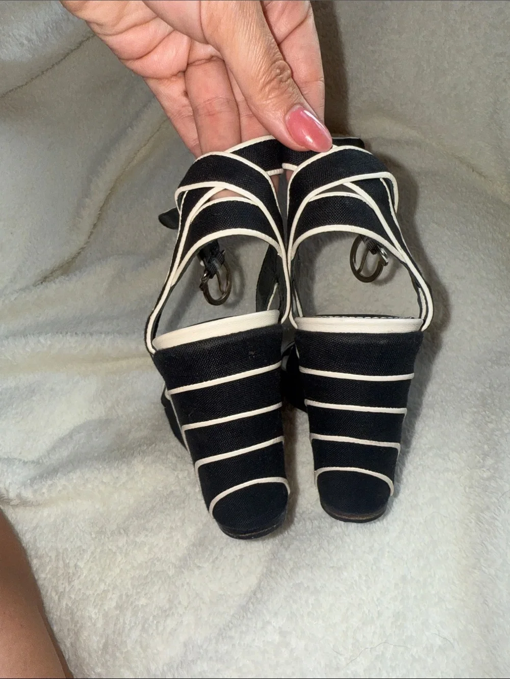 Salvatore Ferragamo Black and Cream Wedge Sandals